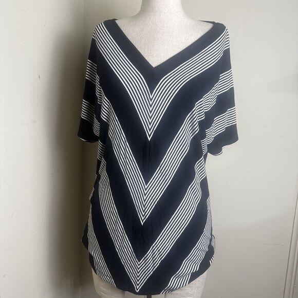 Dana Buchman Black White Striped Pullover V-Neck Size Stretch Knit Sz Large EUC - Picture 1 of 8